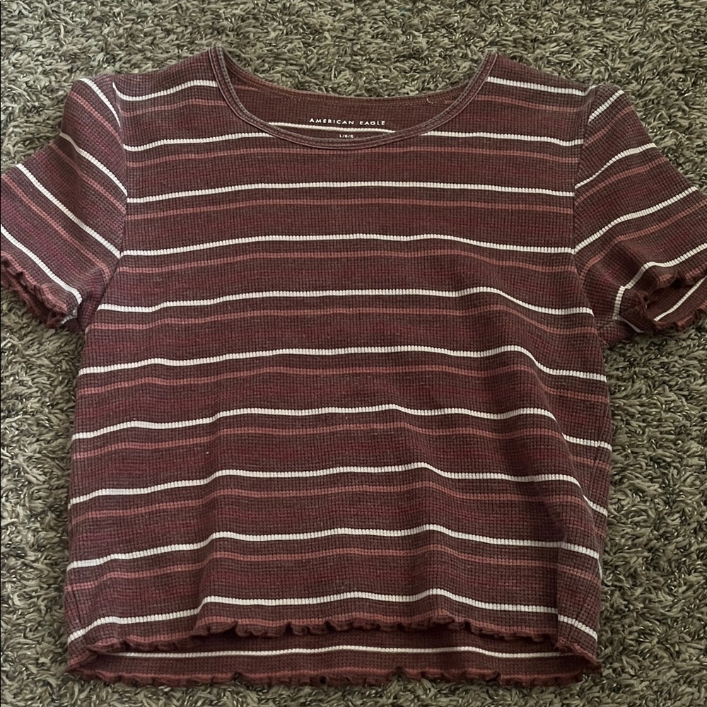 American Eagle Outfitters Burgundy & White Striped Cropped Top